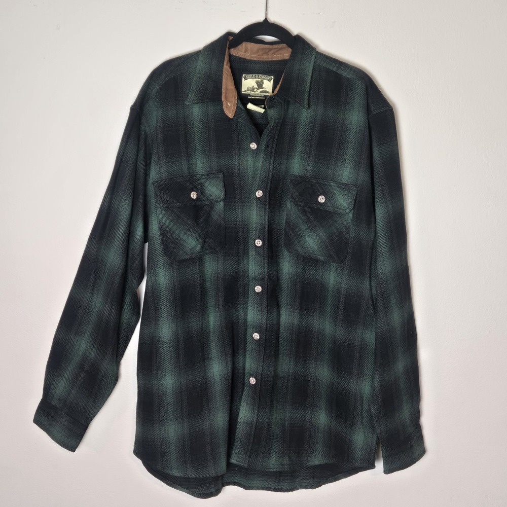 Field & Stream Shirt Mens Large Tall Green Plaid Heavy Flannel Button Outdoor